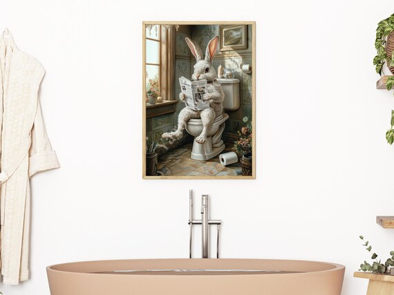 White Bunny On Toilet Reading Newspaper Funny Bathroom Poster