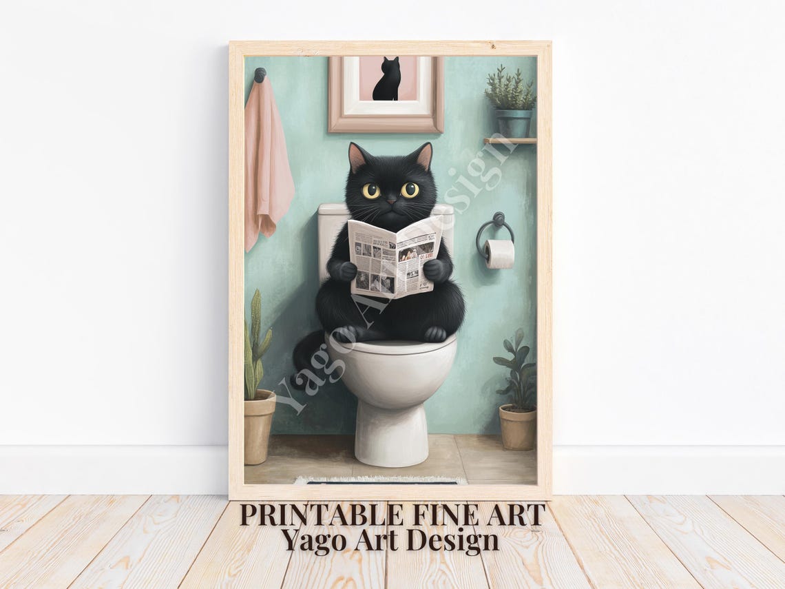 Black Cat On Toilet Reading Newspaper Mint Funny Bathroom Poster - Image 4