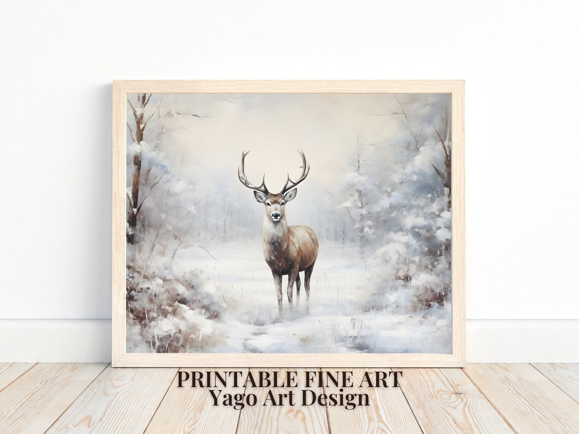 Majestic Stag in Misty Snow Forest Winter Wildlife Art Poster