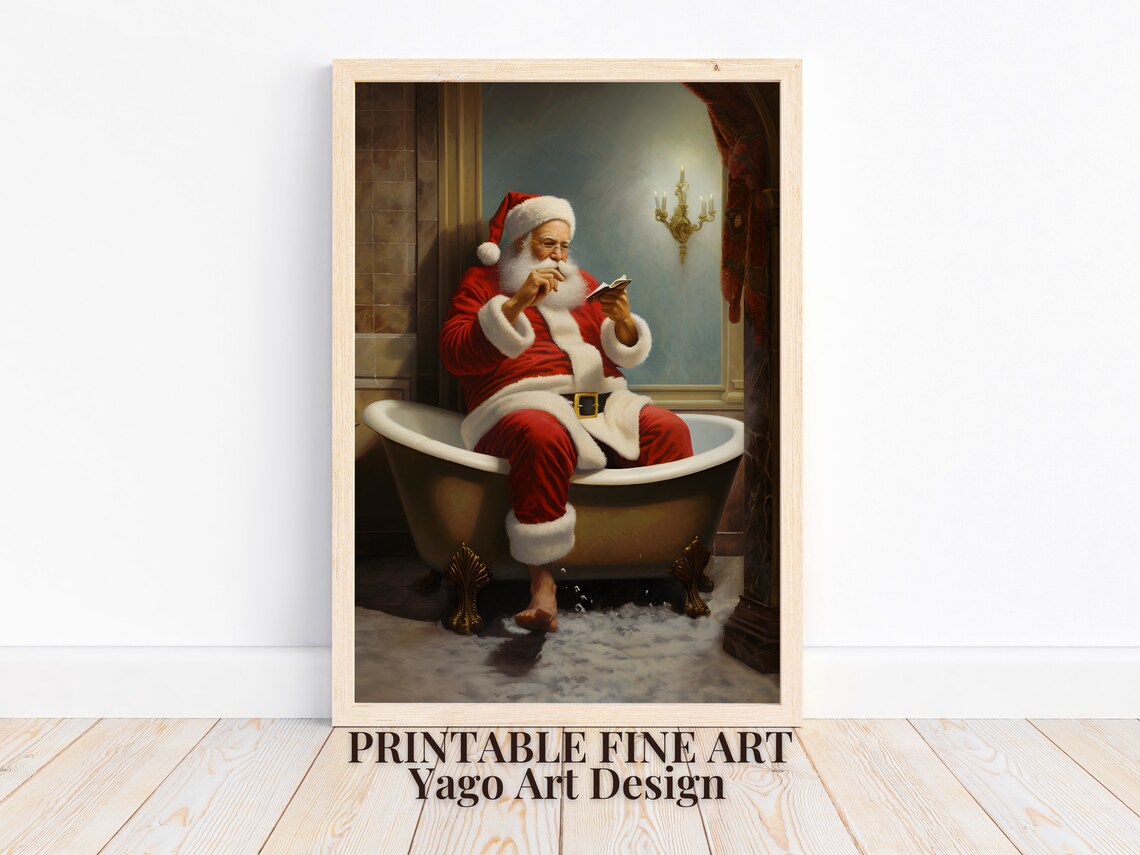 Santa Reading Book In Copper Bathtub Vintage Christmas Poster