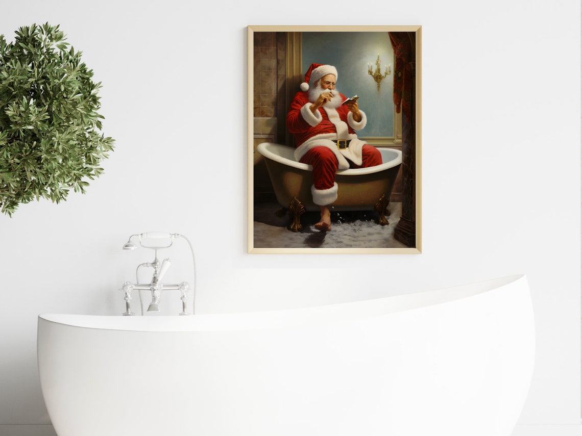 Santa Reading Book In Copper Bathtub Vintage Christmas Poster - Image 4