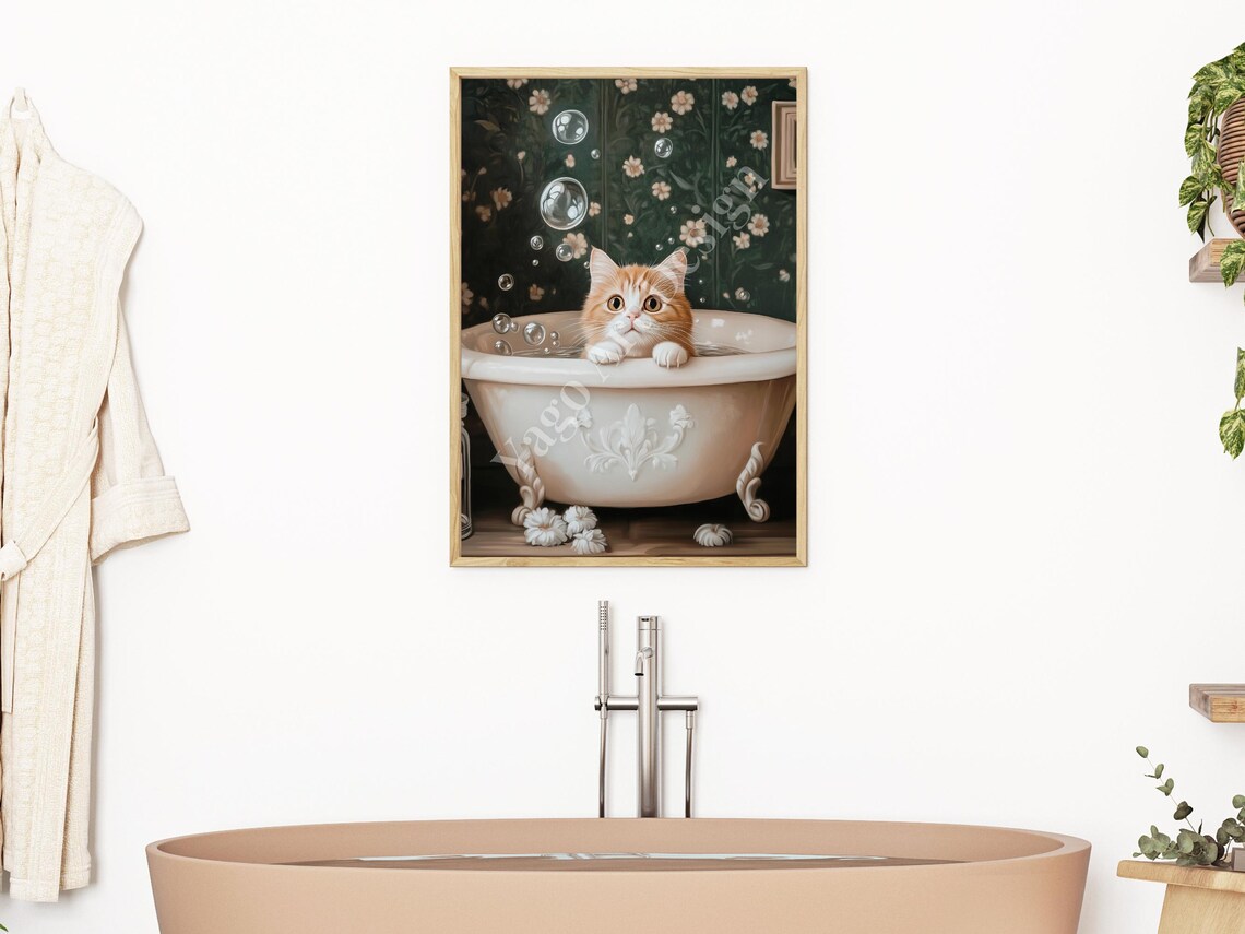 Orange Kitten in Clawfoot Bubble Bath Poster Floral Bathroom Art - Image 2