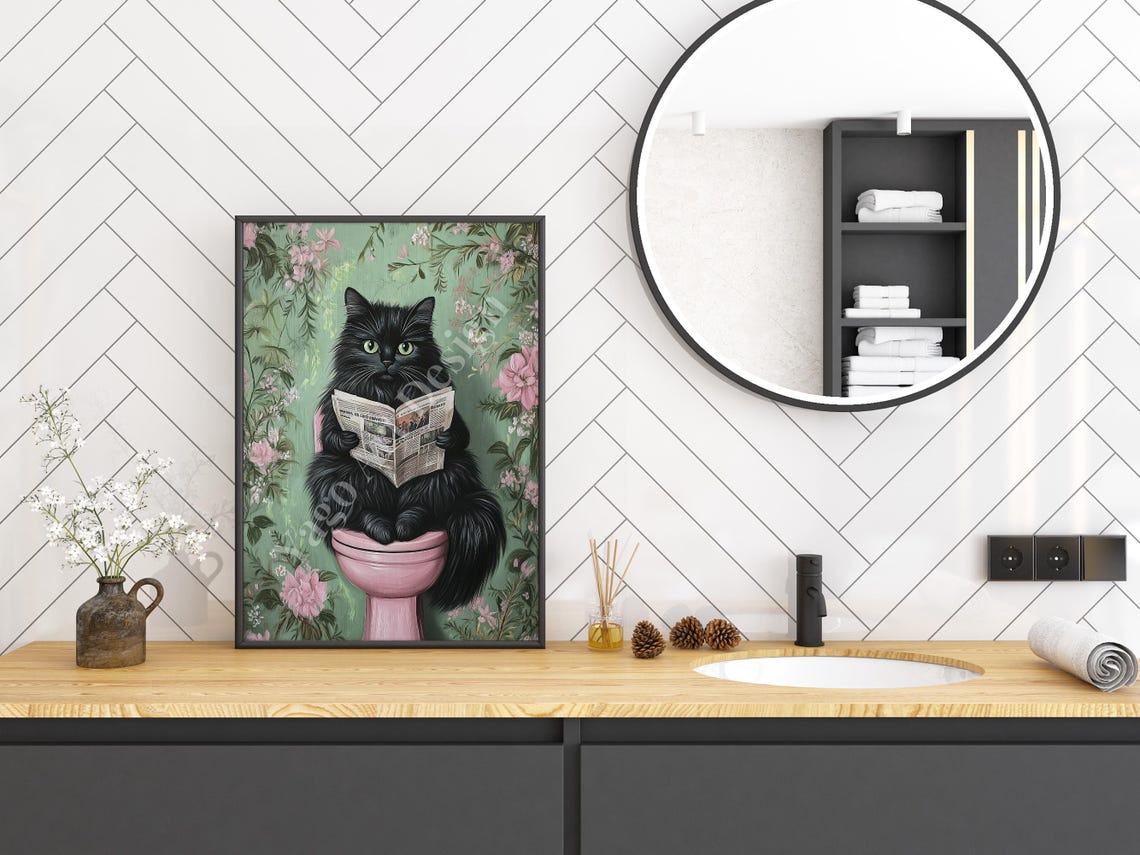 Black Cat Reading Newspaper on Pink Toilet Botanical Bathroom Poster - Image 3