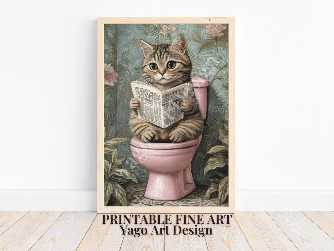 Tabby Kitten On Pink Toilet Reading Newspaper Funny Bathroom Poster - Image 4