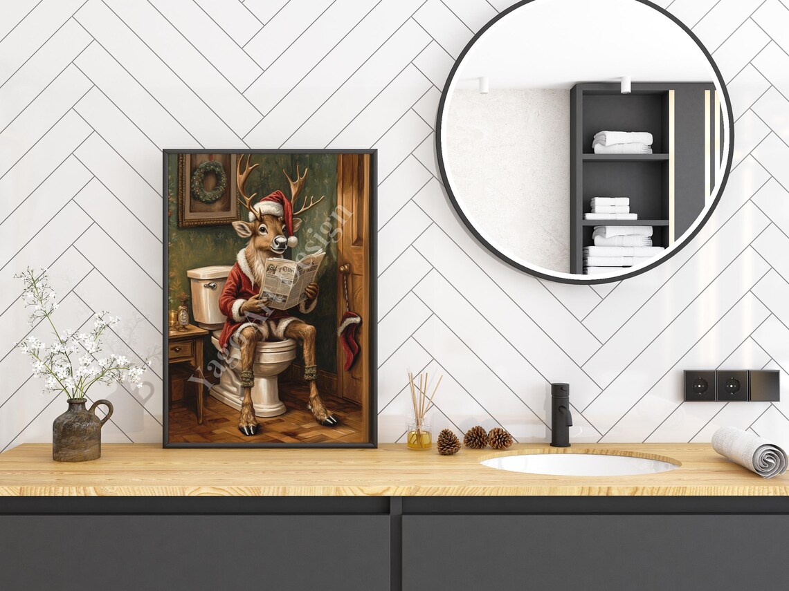 Reindeer in Santa Coat Reading Newspaper on Toilet Christmas Poster - Image 3