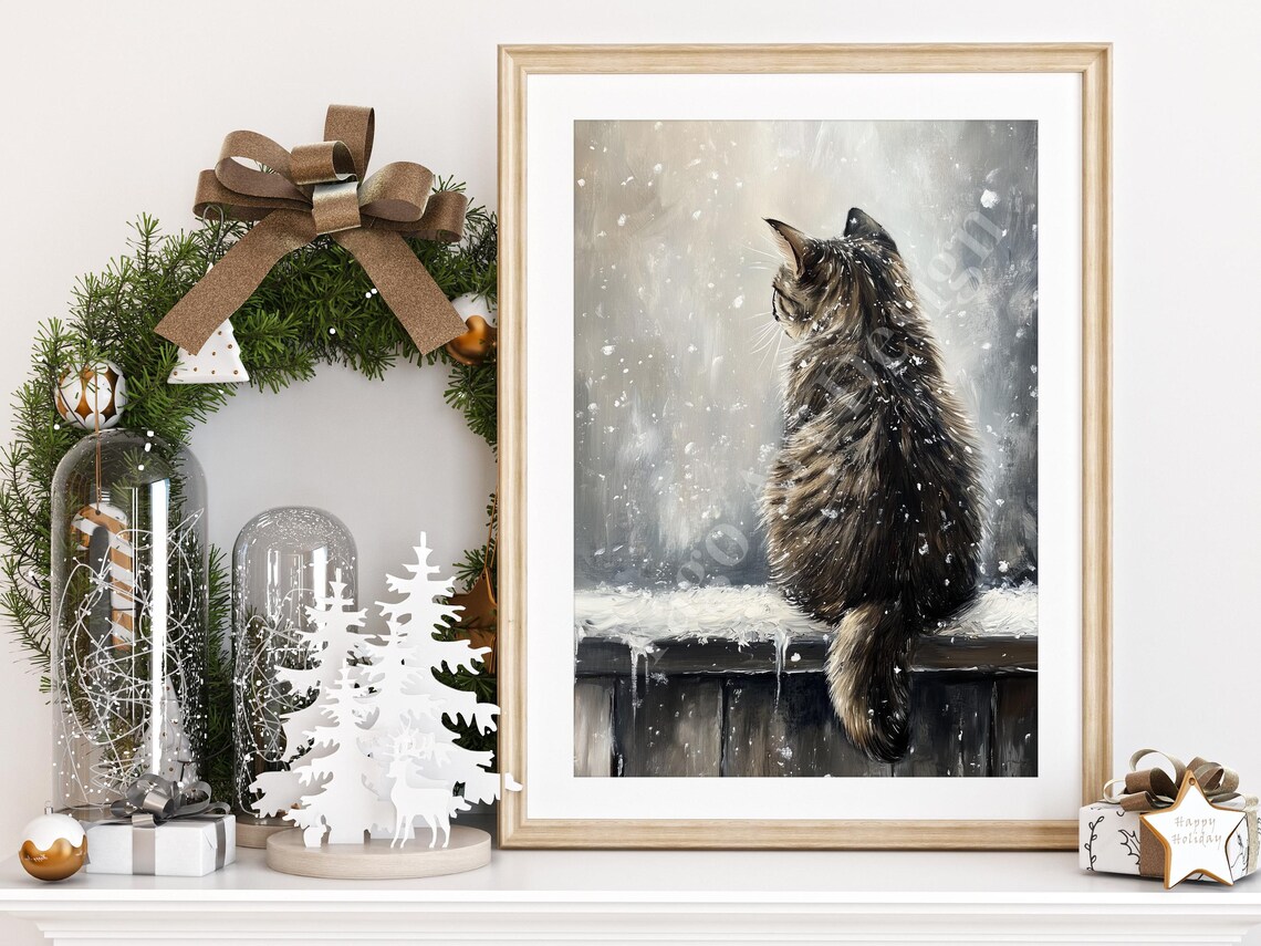 Tabby Cat Watching Falling Snow on Fence Moody Winter Art Poster - Image 2