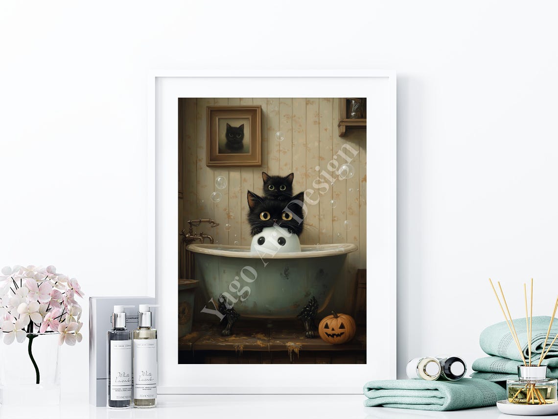 Cute Ghost in Bathtub with Black Cats and Pumpkin Halloween Poster - Image 4