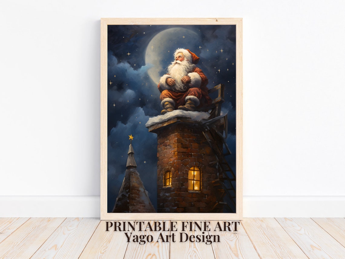 Santa Claus Sitting on Chimney Under Moonlight Christmas Eve Poster