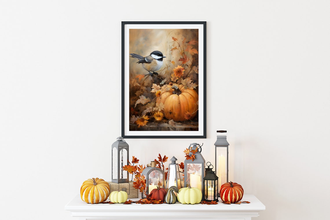 Chickadee with Pumpkin Autumn Leaves Fall Harvest Bird Poster - Image 2