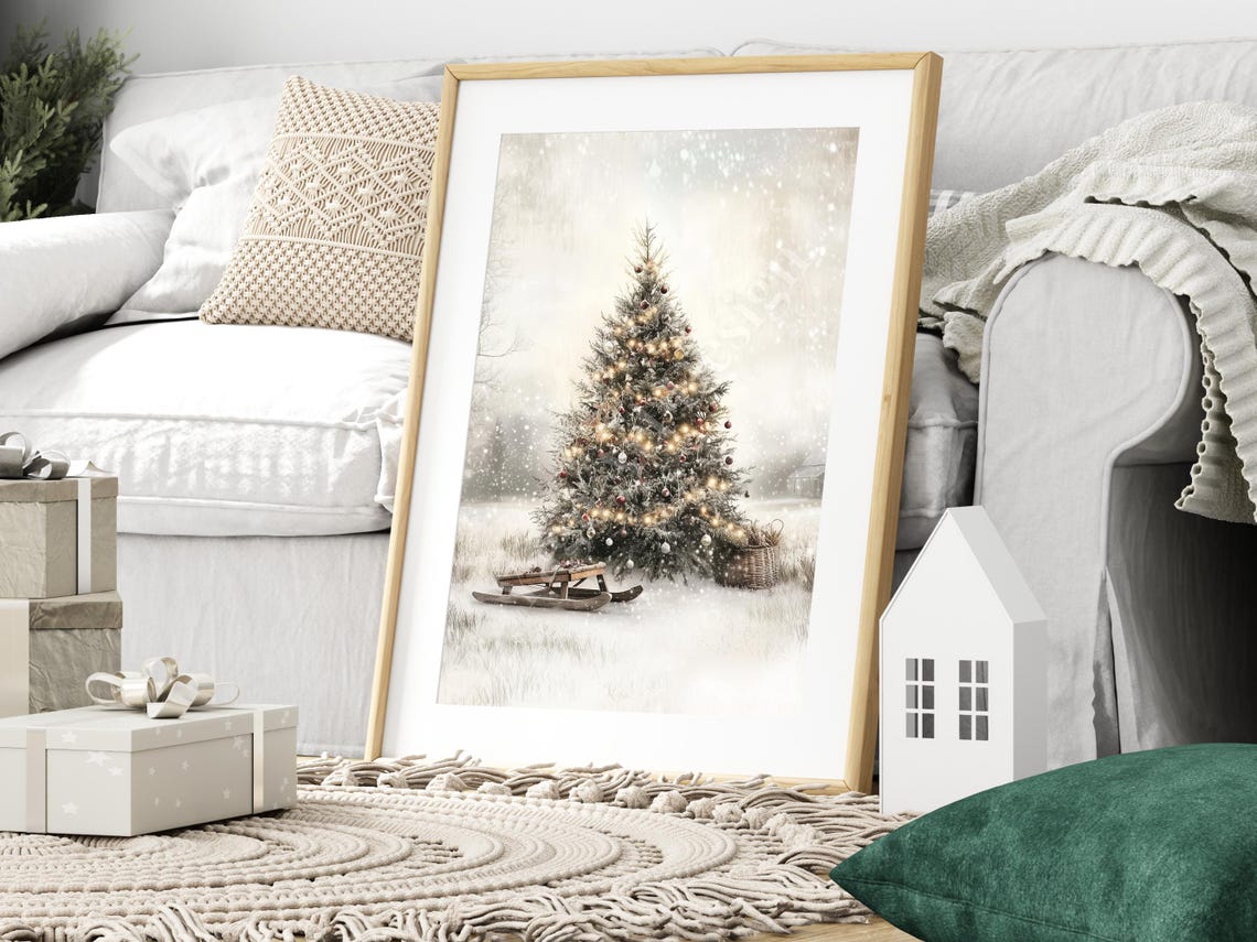 Decorated Christmas Tree in Snowy Field Vintage Winter Art Poster - Image 3