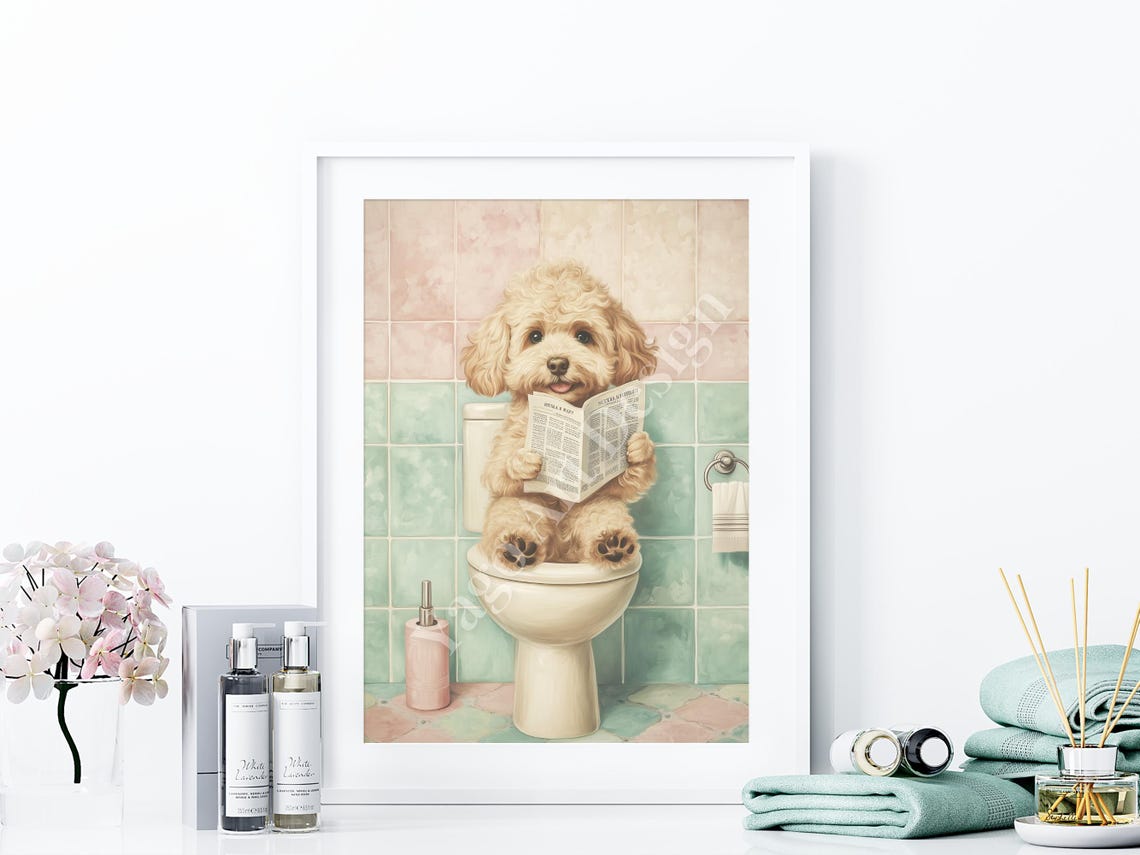 Goldendoodle Puppy Reading Newspaper on Toilet Pastel Bathroom Poster - Image 4