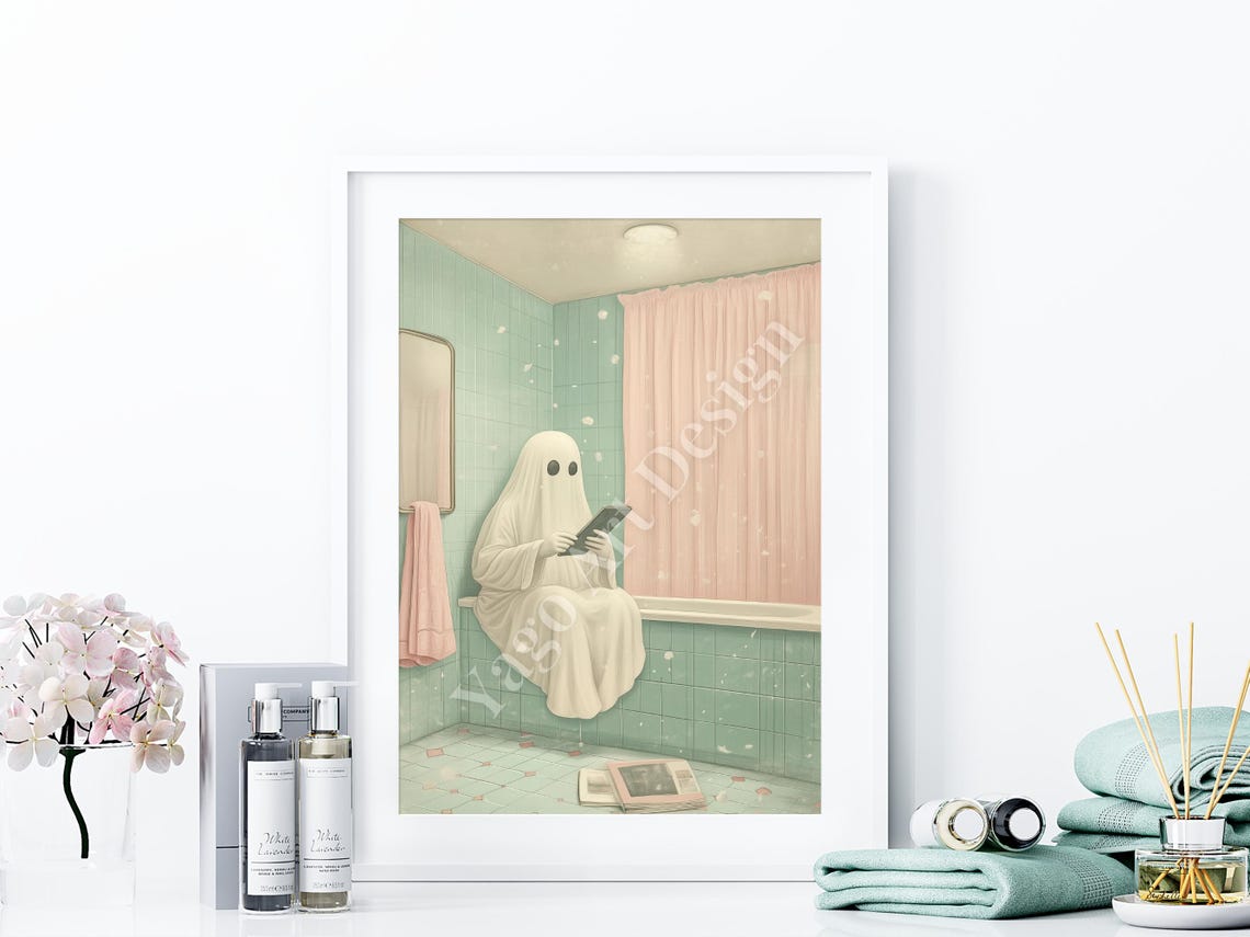 White Ghost Reading Book on Bathtub Edge Mint Bathroom Art Poster - Image 4