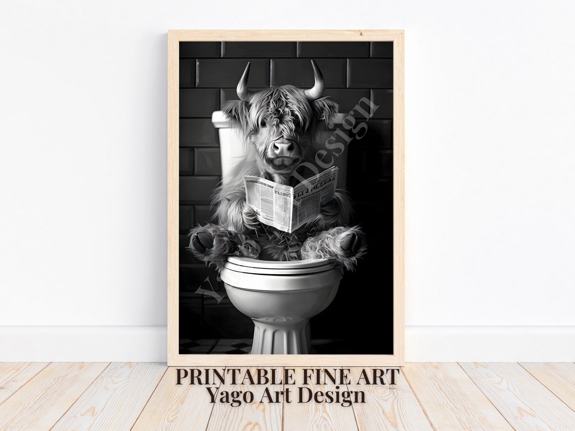 Highland Cow Reading Newspaper on Toilet Funny Bathroom Poster