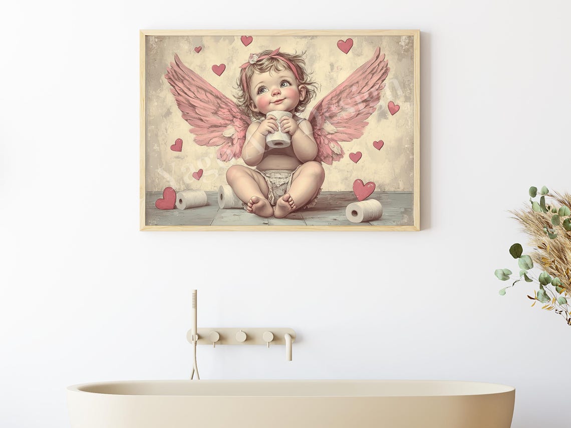 Cupid Baby Holding Toilet Paper Roll Hearts Funny Bathroom Poster - Image 2