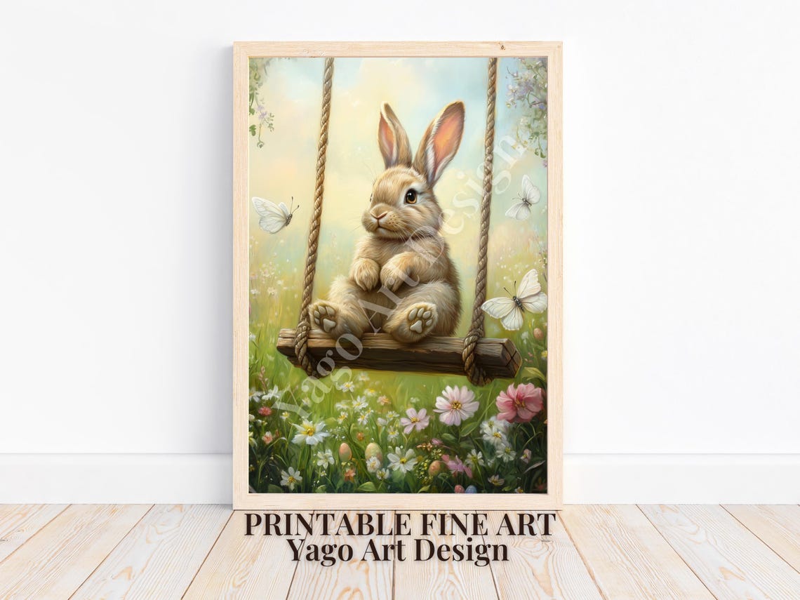 Bunny On Wooden Swing Spring Meadow Butterflies Wildflowers Poster - Image 4