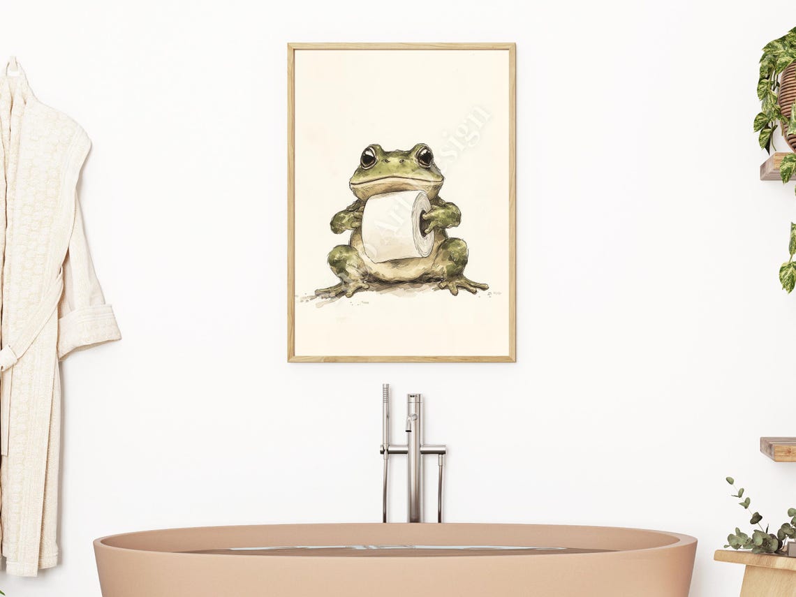 Toad Holding Toilet Paper Roll Minimalist Funny Bathroom Poster - Image 2