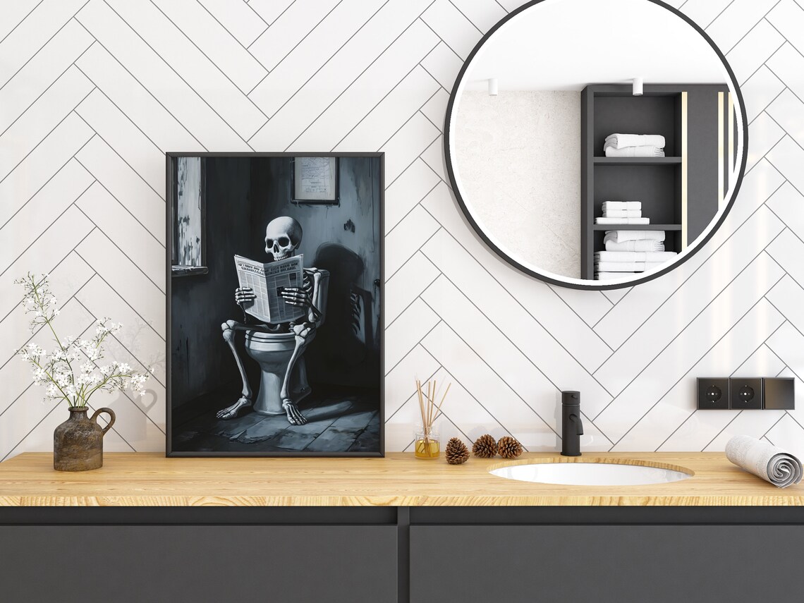 Skeleton On Toilet Reading Newspaper Dark Funny Halloween Print - Image 2