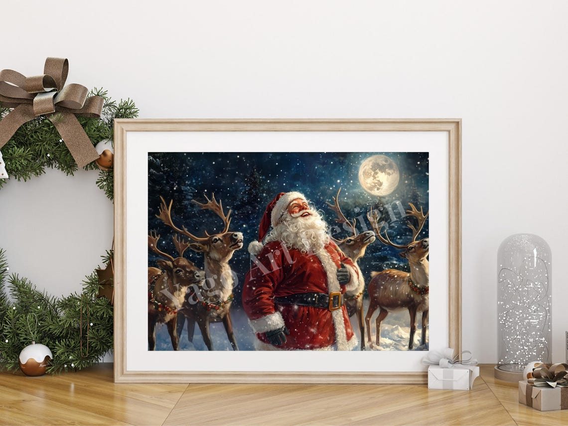 Santa Claus with Reindeer Under Moonlight Poster Night Sky Art - Image 3