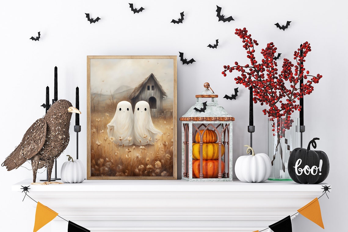 Two Cute Ghosts in Autumn Field Whimsical Halloween Art Poster - Image 4