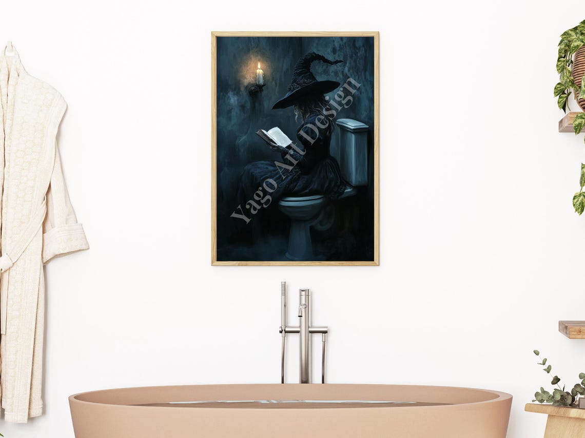 Spooky Witch Reading Book on Toilet Dark Halloween Art Poster - Image 2