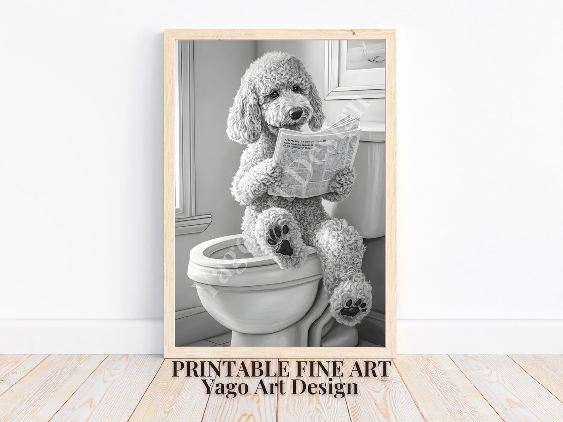 Goldendoodle Reading Newspaper on Toilet Funny Bathroom Poster