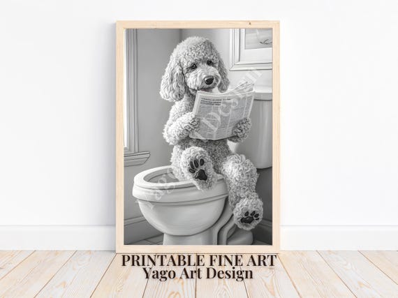 Goldendoodle On Toilet Art Print Funny Bathroom Decor Cute Dog Wall Decor Toilet Wall Decor Goldendoodle Reading Newspaper Dog Lover
