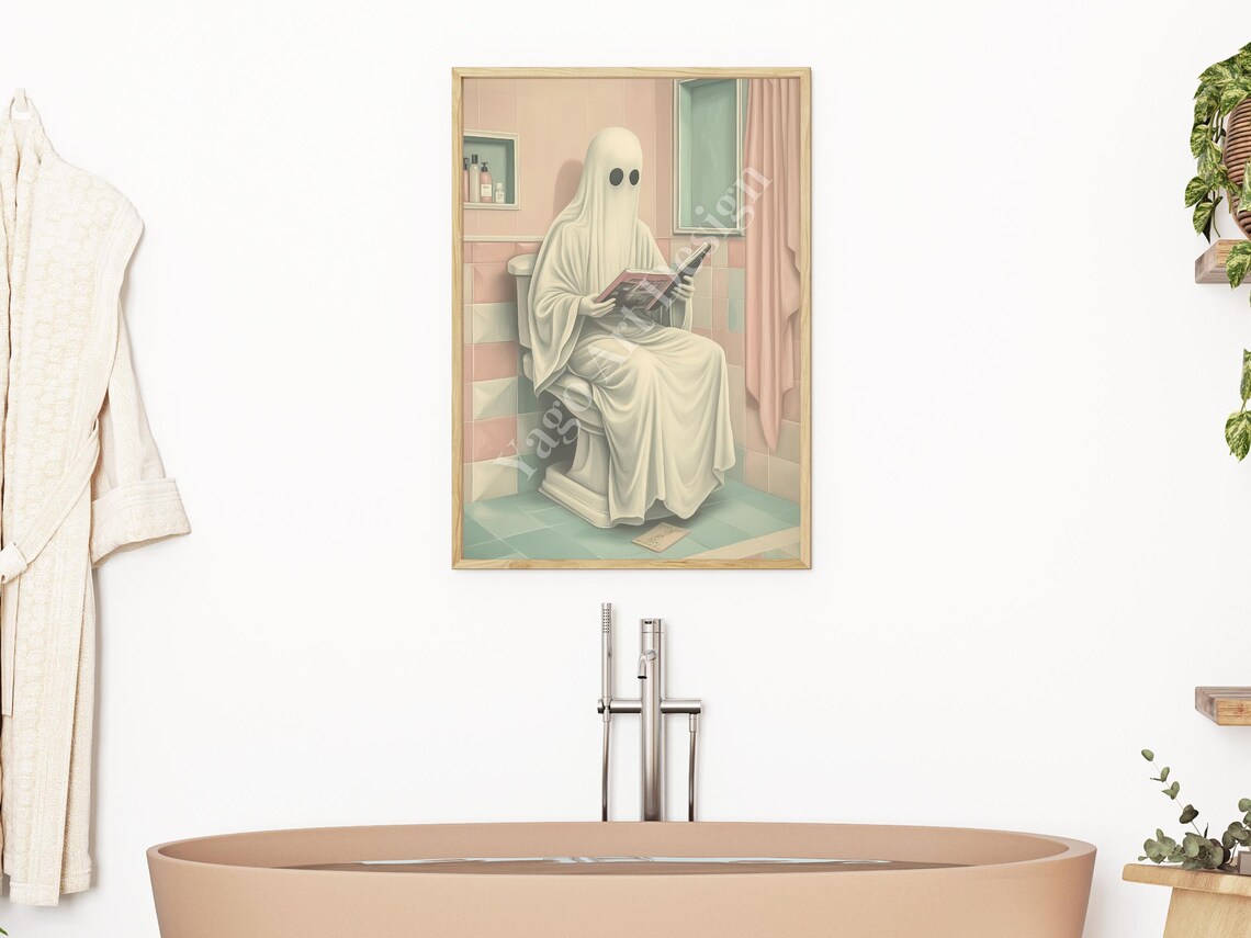 White Ghost Reading Magazine on Toilet Pastel Bathroom Art Poster - Image 2