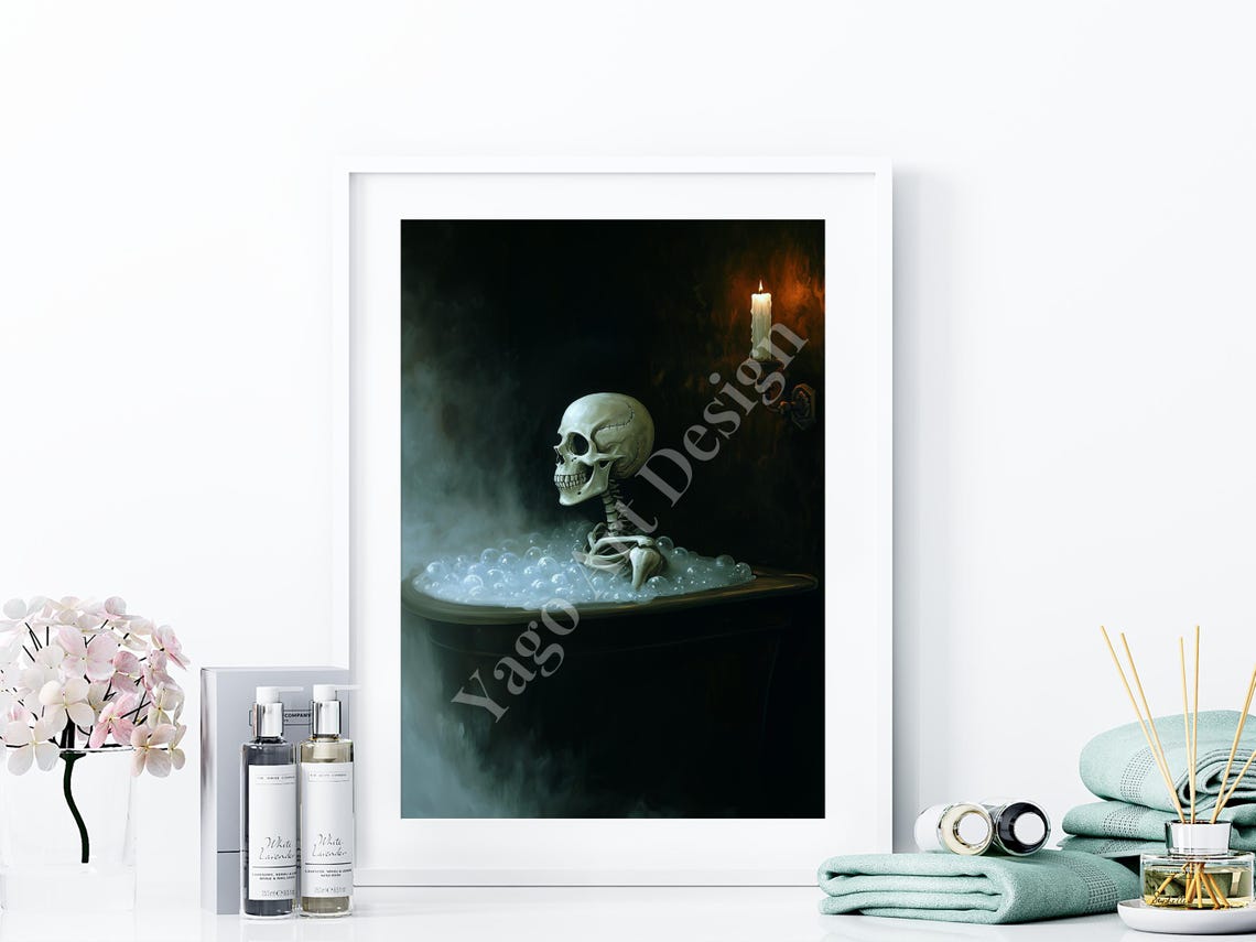 Skeleton Relaxing in Candlelit Bubble Bath Spooky Halloween Poster - Image 4