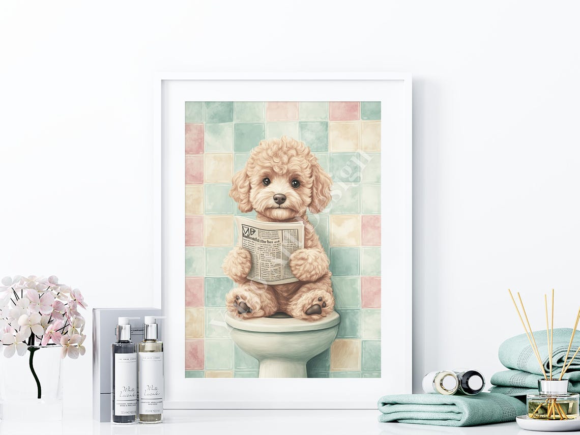 Cute Goldendoodle Puppy Reading Newspaper on Toilet Pastel Poster - Image 4