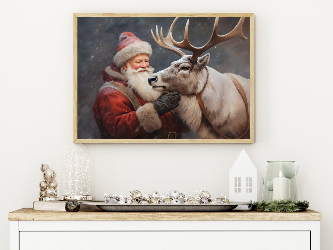 Santas Reindeer Companionship Vintage Christmas Wall Art Christmas Oil Painting Rustic Farmhouse Poster Christmas Art - Image 3