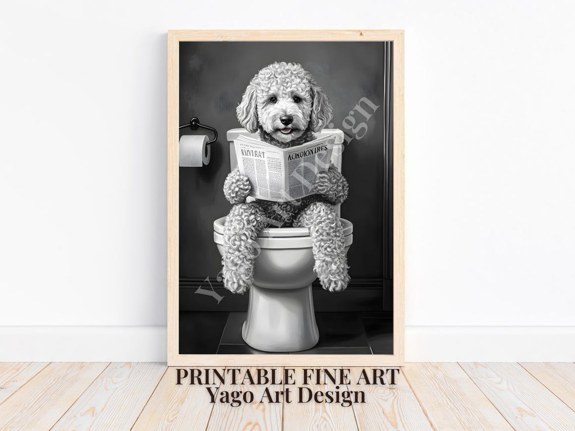 Goldendoodle Dog Reading Newspaper on Toilet Dark Bathroom Poster