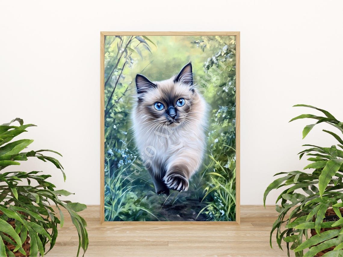 Fluffy Siamese Style Cat Walking In Green Forest Garden Poster - Image 3