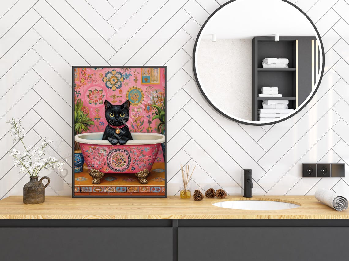 Black Cat In Pink Floral Clawfoot Bathtub Maximalist Decor Poster - Image 2