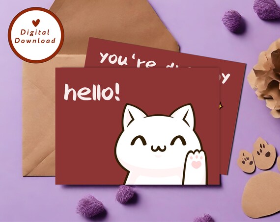 Anime Cat Hello Greeting Card Pack Kawaii White Kitten Poster