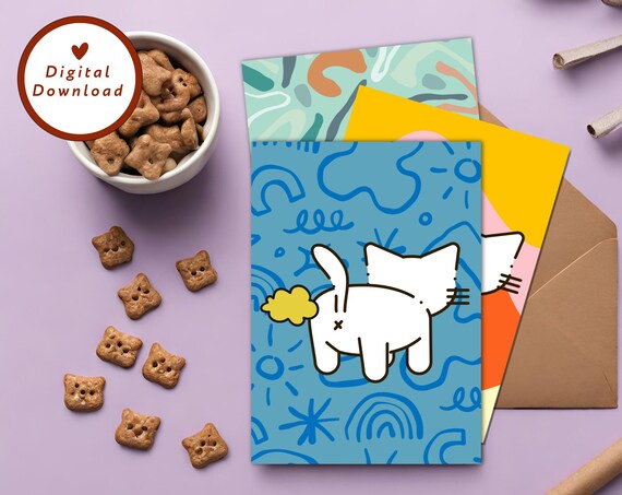 Farting Cat Funny Greeting Card Pack Blue Doodle Style Poster