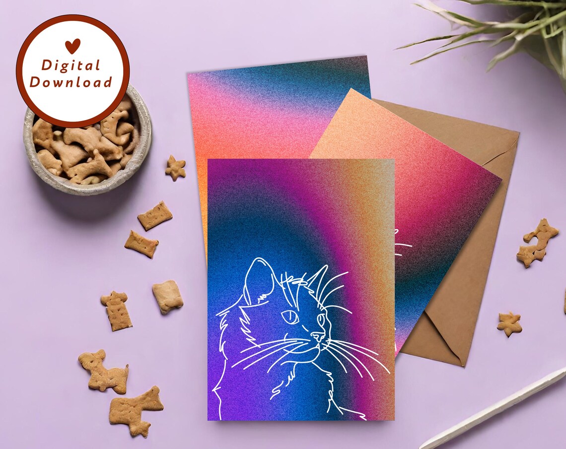 Groovy Tie Dye Rainbow Cat Line Art Greeting Cards Three Pack Print