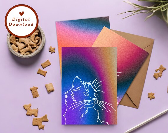 Groovy Tie Dye Rainbow Cat Line Art Greeting Cards Three Pack Print