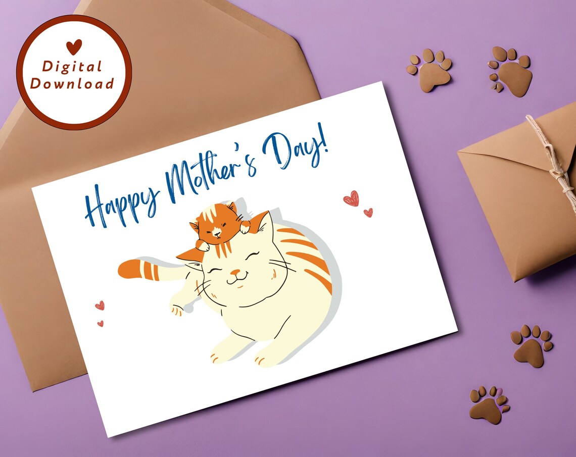 Happy Mother's Day Cat Card Mama Kitty and Kitten Hug Poster