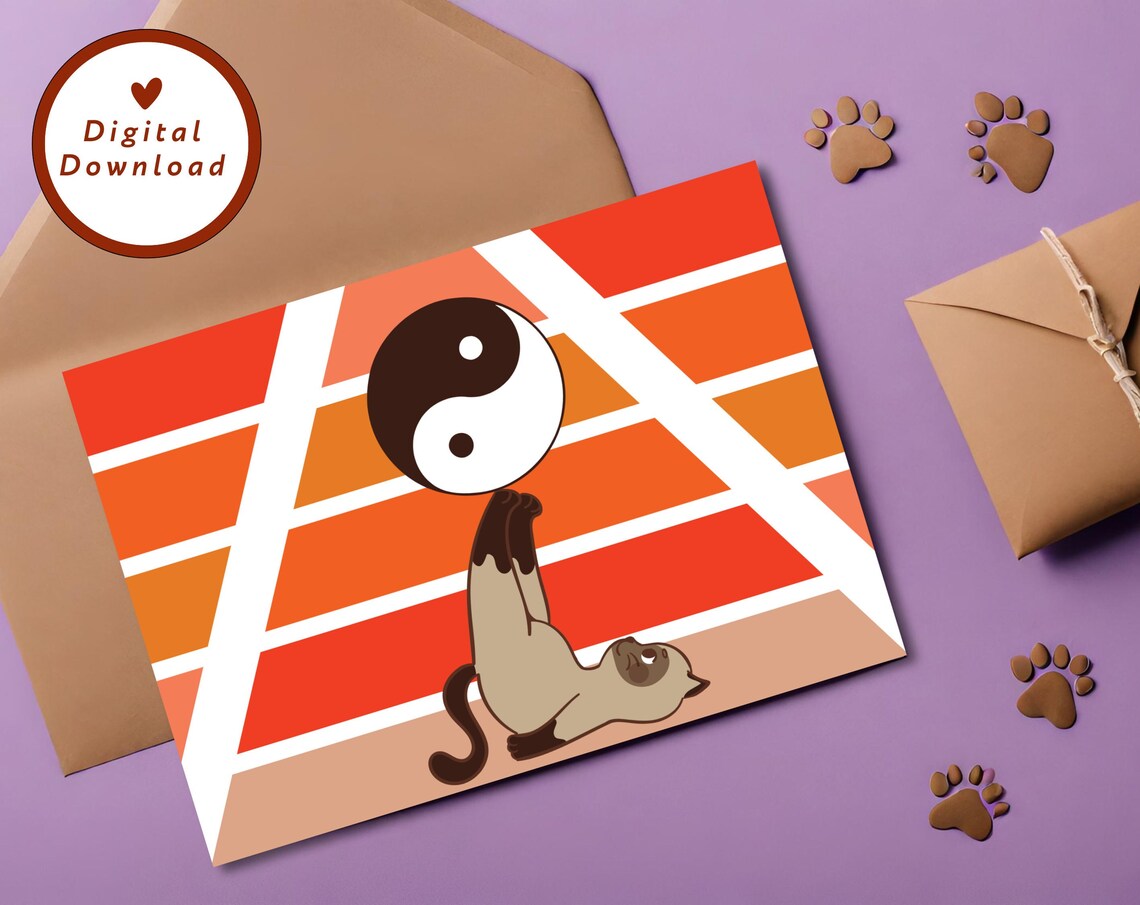 Yin Yang Cat Card Balancing Kitty Retro Sunset Stripe Art Poster - Image 2