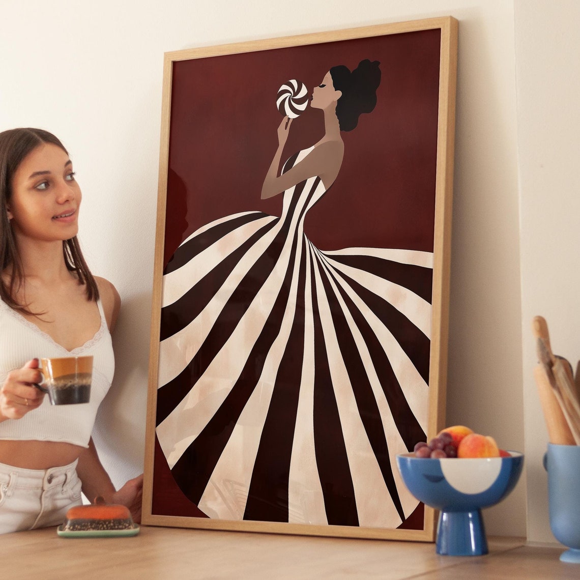 Elegant Woman In Burgundy Striped Gown Holding Lollipop Wall Art - Image 4