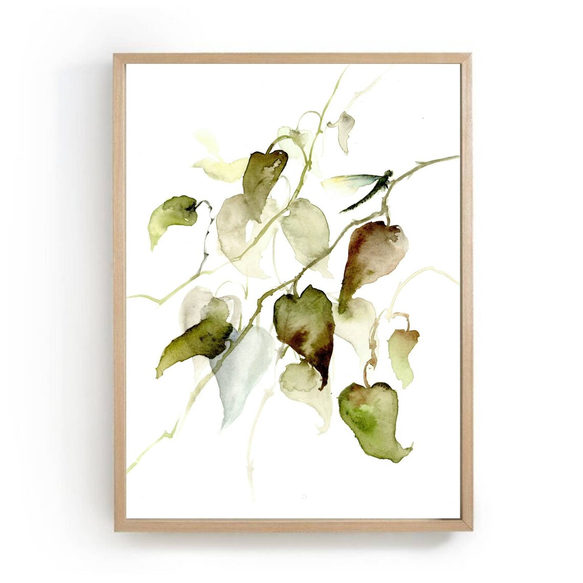 Dragonfly Watercolor Herbs and Green Leaves Art Print