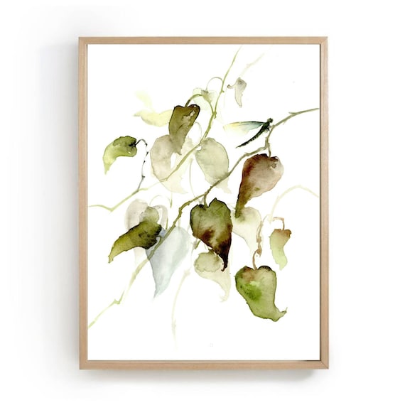 Dragonfly Watercolor Herbs and Green Leaves Art Print
