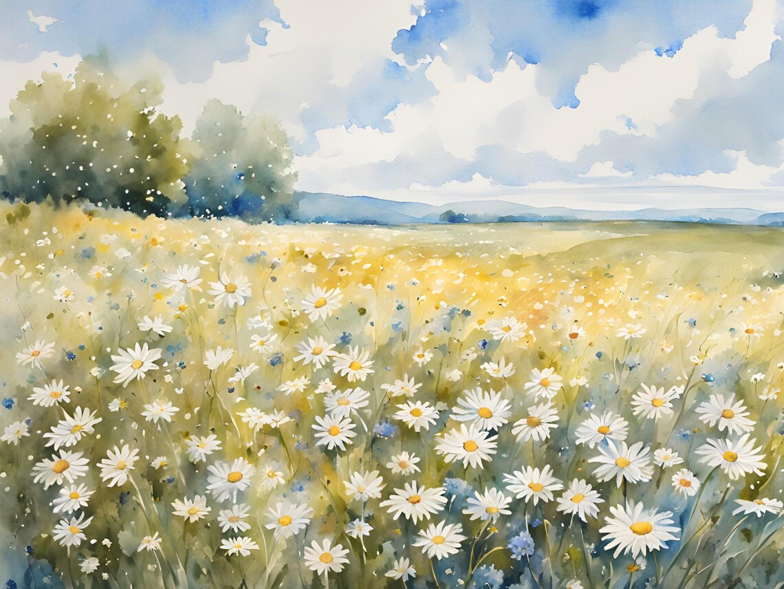 Daisy Field Watercolor Art Print, Farmhouse Decor