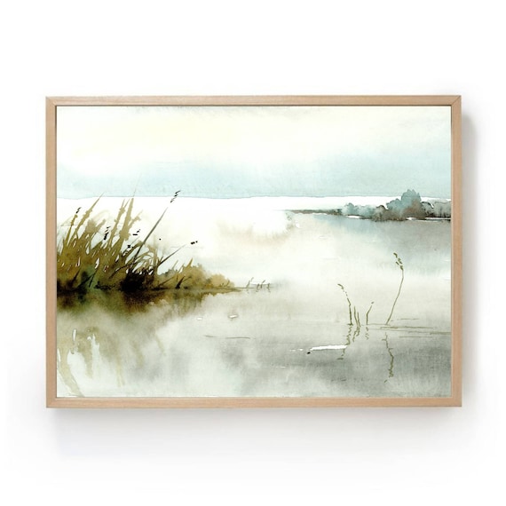 Watercolor Sunrise Lake Landscape Art Print