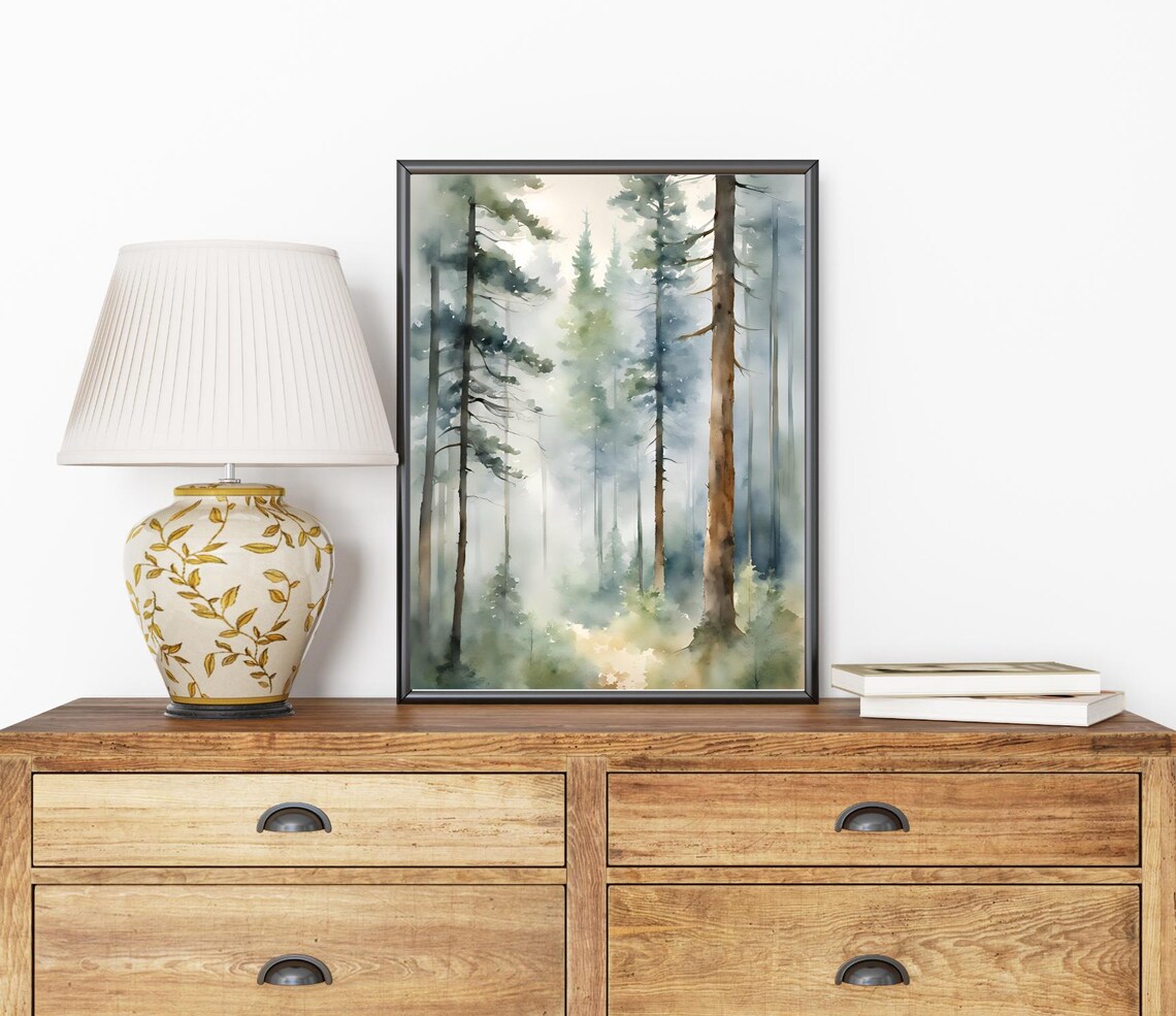 Misty Pine Forest Watercolor Tall Pines Foggy Woodland Poster