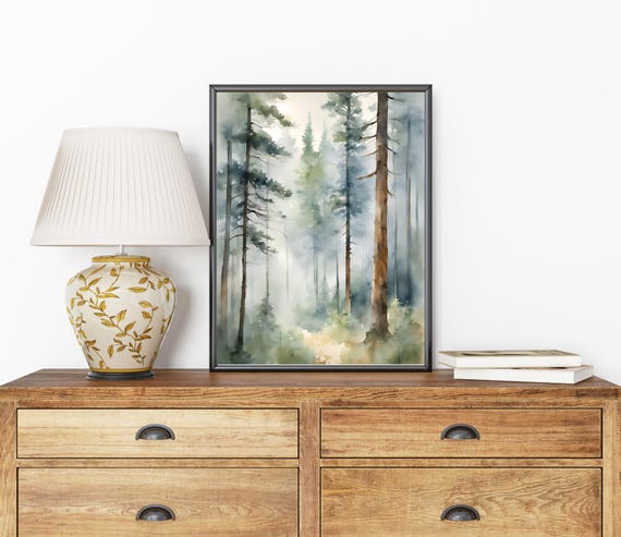 Pine Tree Forest Watercolor Painting Pines Art Print Landscape Misty Poster Large Wall Rustic Home Decor