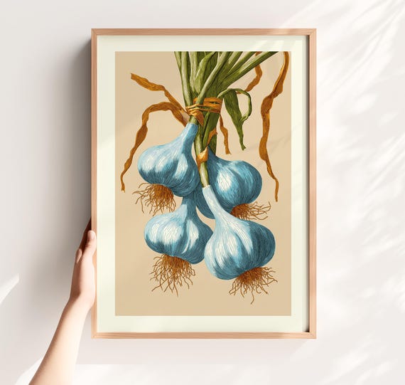 Blue Garlic Botanical Print Vintage Farmhouse Kitchen Wall Art