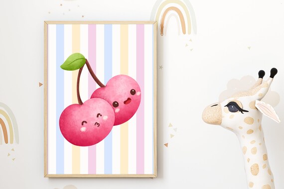 Kawaii Smiling Pink Cherries Cute Fruit Nursery Bedroom Wall Art