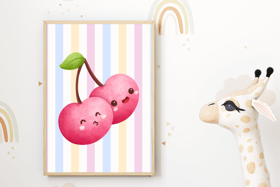 Cute Cherries Print Kids Wall Art Kawaii Fruit Nursery Decor Poster Room
