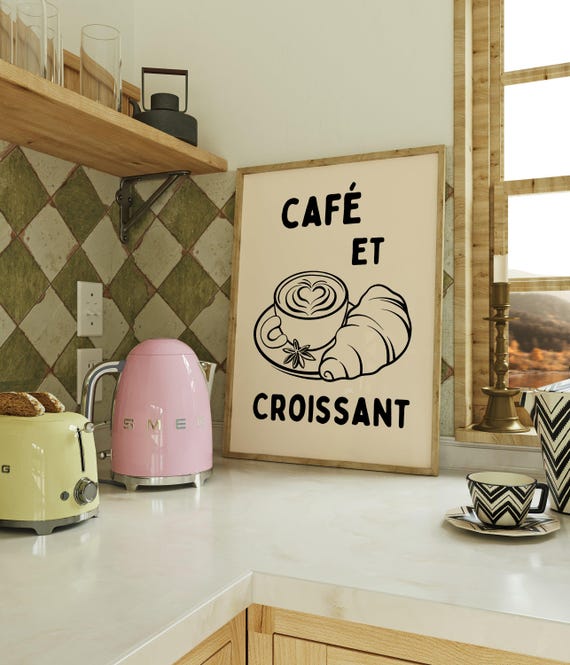 Cafe Et Croissant Print Coffee And Poster French Wall Art Decor Parisian Breakfast